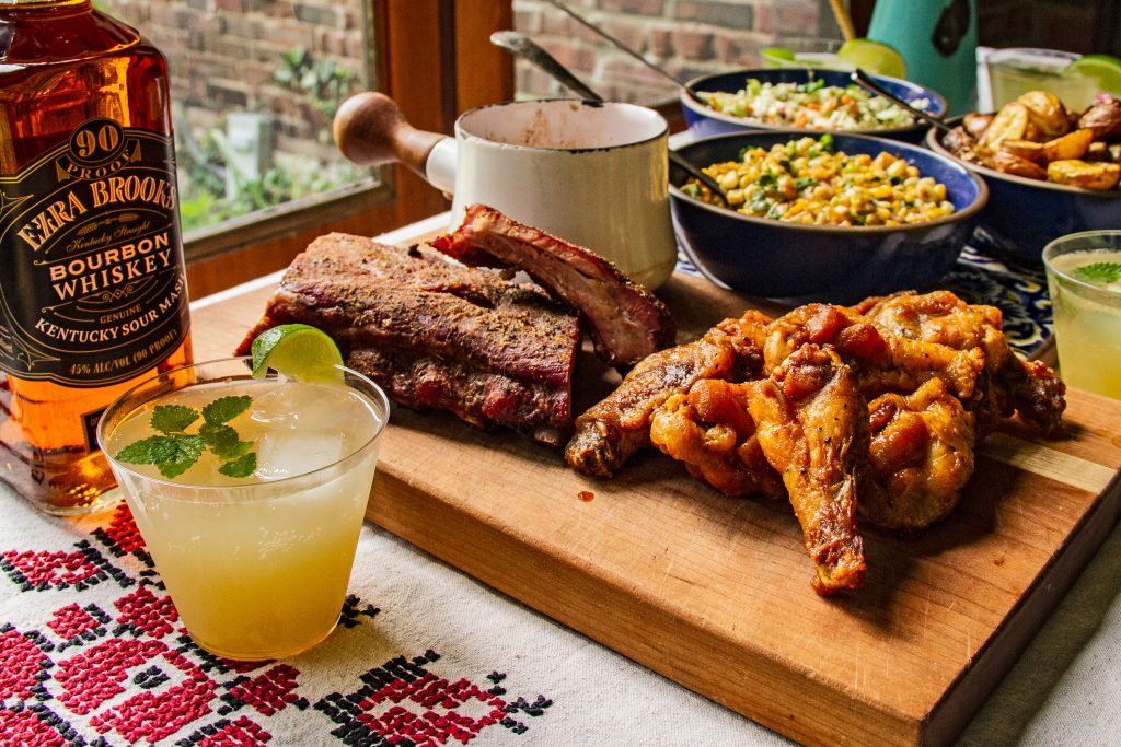 Ribs and chicken wings with Ezra Brooks bourbon glaze for a Labor Day backyard barbecue