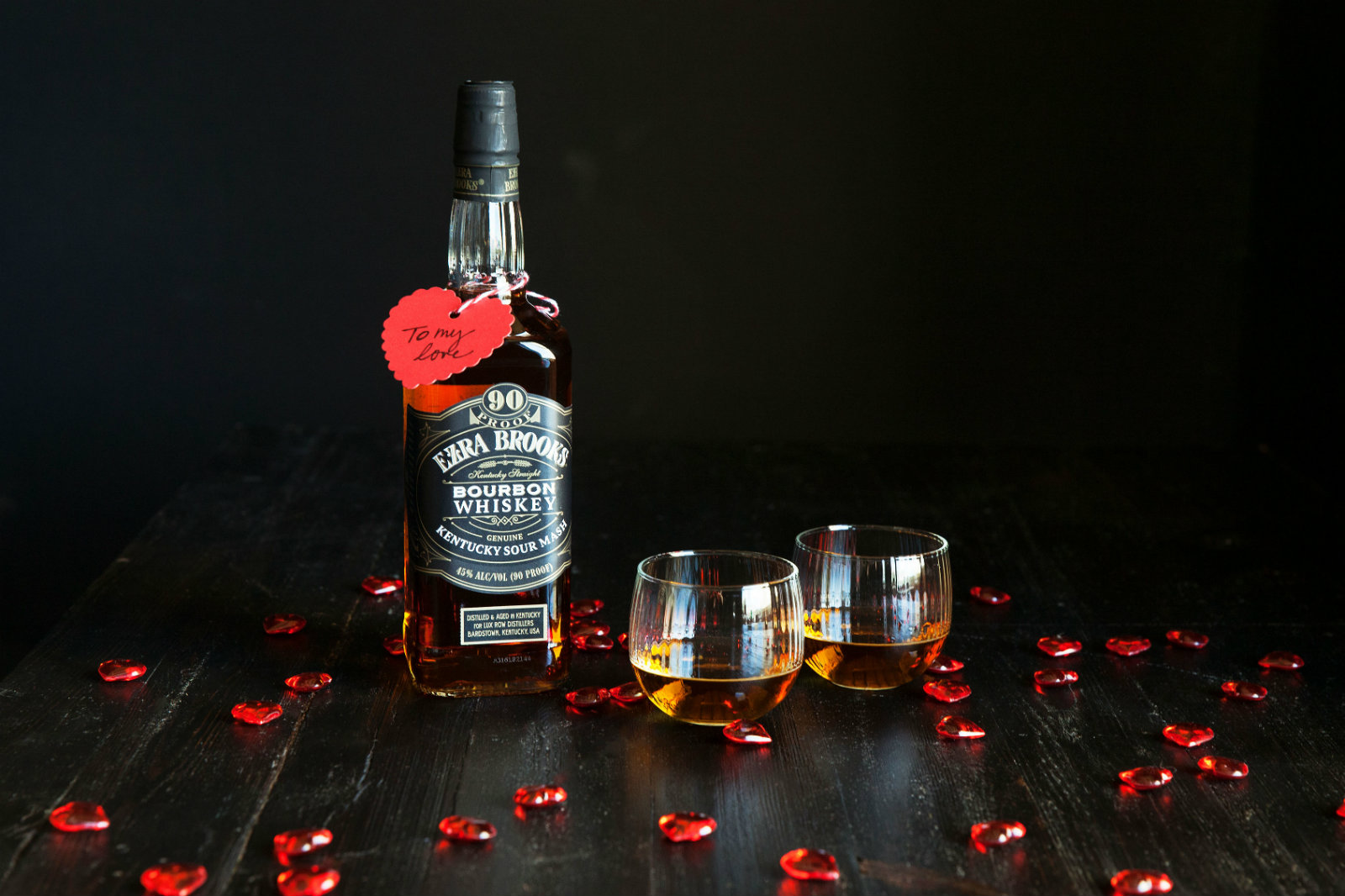 Ezra Brooks bourbon with hearts for Valentine's Day